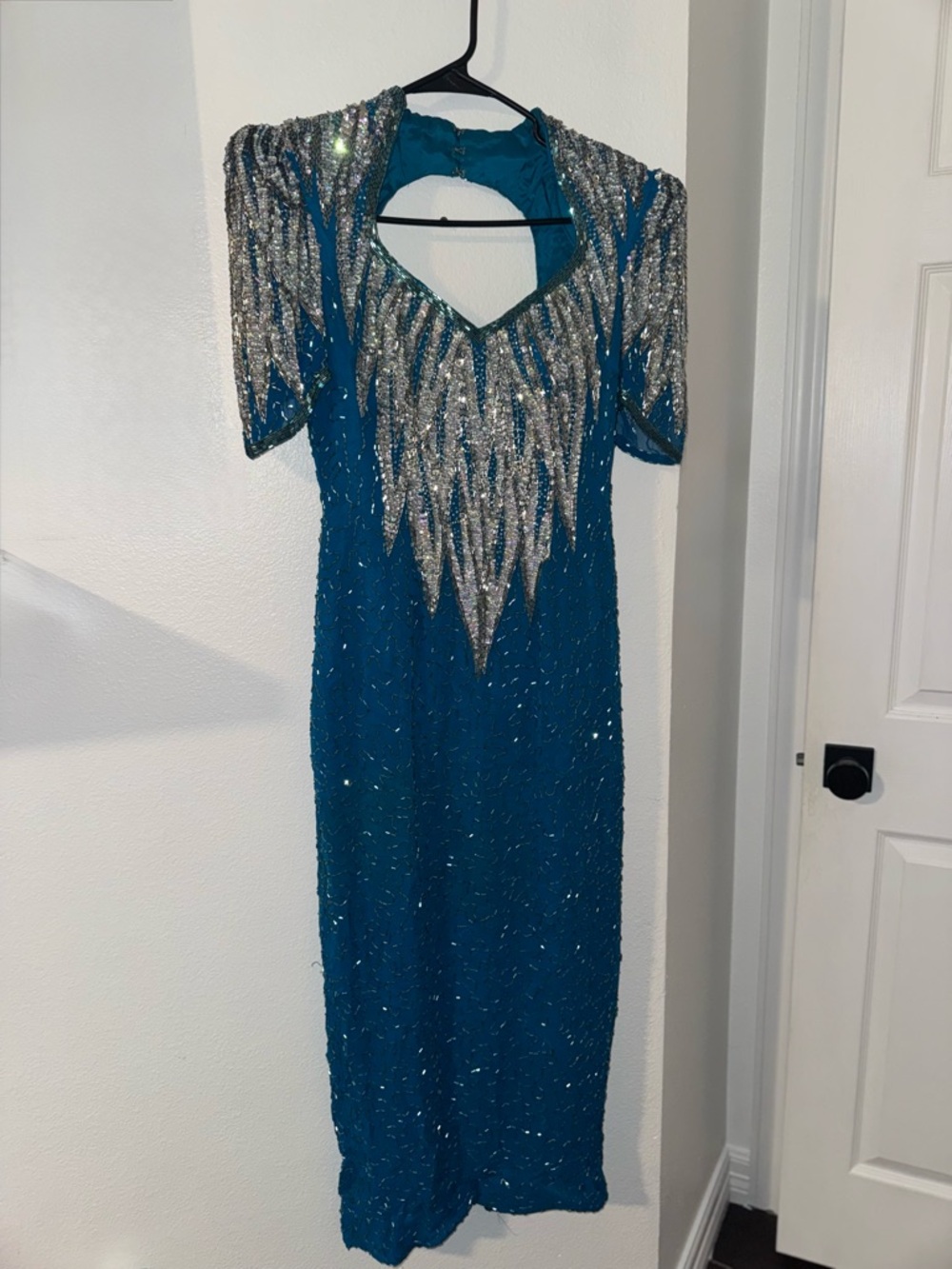 Teal Trophy Style Cocktail Sequin Evening Dress with Silver Beaded Detail